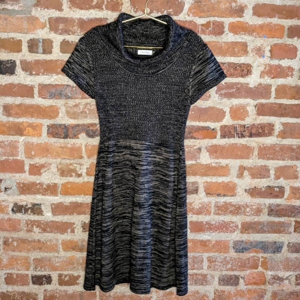 Calvin Klein Medium Cap Sleeve Cowl Neck Black‎ & Gray Brown Sweater Dress